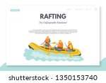 Rafting flat landing page template with text space. Extreme kinds of sports web banner vector layout. Characters team in boat wearing safety jackets. Rowing competition. Risky, dangerous activity