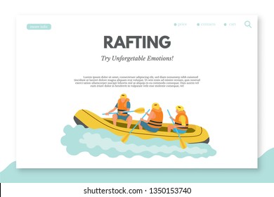 Rafting flat landing page template with text space. Extreme kinds of sports web banner vector layout. Characters team in boat wearing safety jackets. Rowing competition. Risky, dangerous activity