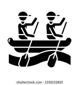 Rafting glyph icon.Watersport, extreme kind of sport. Recreational outdoor activity and hobby. Adventurous leisure on rough water. Silhouette symbol. Negative space. Vector isolated illustration