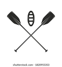 Rafting icon. Crossed rafting paddle with canoe isolated on white background. Water sport, Kayak, Canoe. Vector illustration