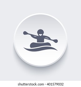 Rafting icon, man in boat, rowing, oarer, rafting tour pictogram, round icon, vector illustration