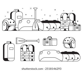 Conjunto de iconos de rafting y Anuncio con equipo y equipo de caminata acuática. Senderismo fluvial o Elementos en barco. Tales como barco inflable, paleta, chaleco salvavidas y casco. Equipo de aventura de verano.