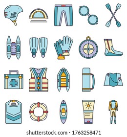 Rafting icon set. Outline set of rafting vector icons thin line color flat isolated on white