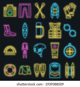 Rafting icon set. Outline set of rafting vector icons neon color on black