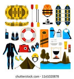 Rafting icon set. Vector illustration of white water rafting sport equipment, protective gear and camping items isolated on white background.