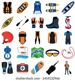 Rafting icons set. Flat set of rafting vector icons for web design