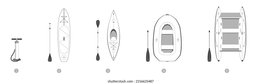 Rafting inflatable gear isolated illustration. Paddle board, kayak, boat, catamaran. Set of nine objects