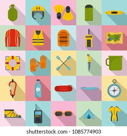 Rafting kayak water canoe icons set. Flat illustration of 25 rafting kayak water canoe vector icons for web