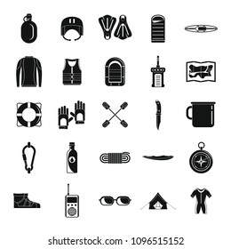 Rafting kayak water canoe icons set. Simple illustration of 25 rafting kayak water canoe vector icons for web