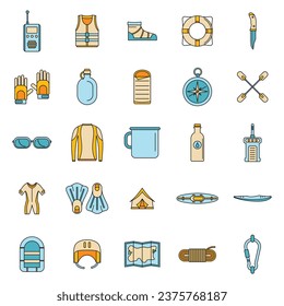 Rafting kayak water canoe icons set. Outline illustration of 25 rafting kayak water canoe vector icons thin line color flat on white