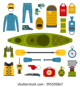 Rafting and kayaking elements collection. River camping equipment. Life vest jacket, wetsuit, paddle, waterproof bag, rafter helmet vector pictograms. Kayak boat trip elements in flat design isolated.