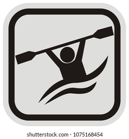 rafting, kayaking, figure with paddle at gray and black frame, vector icon