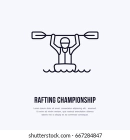 Rafting, Kayaking Flat Line Icon. Vector Illustration Of Water Sport - Happy Rafter With Paddle In River Boat. Linear Sign, Summer Recreation Pictograms For Paddling Gear Store.