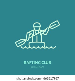 Rafting, kayaking flat line icon. Vector illustration of water sport - rafter with paddle in river boat. Linear sign, summer recreation pictograms for paddling gear store.