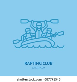 Rafting, kayaking flat line icon. Vector illustration of water sport - happy rafters with paddles in river raft. Linear sign, summer recreation pictograms for paddling gear store.