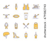 Rafting, kayaking flat line icons. Vector illustration of water sport equipment - river raft, kayak, canoe, paddles, life vest. Linear signs set, summer recreation pictograms for paddling gear store.