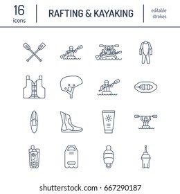 Rafting, kayaking flat line icons. Vector illustration of water sport equipment - river raft, kayak, canoe, paddles, life vest. Linear signs set, summer recreation pictograms for paddling gear store.