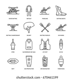 Rafting, kayaking flat line icons. Vector illustration of water sport equipment - river raft, kayak, canoe, paddles, life vest.