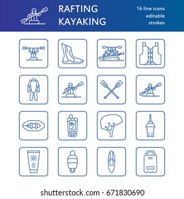 Rafting, kayaking flat line icons. Vector illustration of water sport equipment - river raft, kayak, canoe, paddles, life vest. 