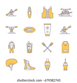 Rafting, kayaking flat line icons. Vector illustration of water sport equipment - river raft, kayak, canoe, paddles, life vest. Linear signs set, summer recreation pictograms for paddling gear store.