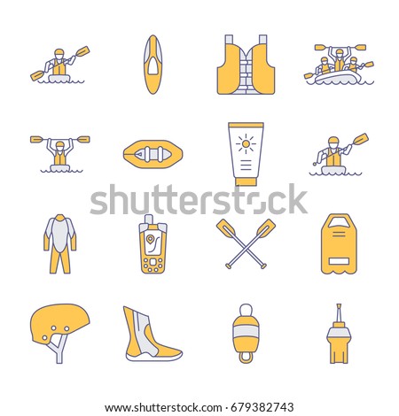Rafting, kayaking flat line icons. Vector illustration of water sport equipment - river raft, kayak, canoe, paddles, life vest. Linear signs set, summer recreation pictograms for paddling gear store.