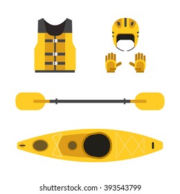 Rafting And Kayaking Icons Collection. Rafting Equipment. Life Vest Jacket,  Paddle Oar, Kayak Boat, Helmet And Gloves Vector Pictogram In Flat Design. River Boat Trip Web Elements.