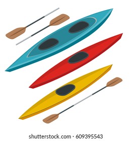 Rafting and kayaking icons collection. Isometric plastic kayak water recreational, touring or travel transport. Flat 3d illustration for infographics and design