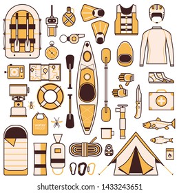 Rafting and kayaking icons. River camping outdoor design elements. Rafting equipment and gear flat icon set. Boat river hike accessories. Canoeing adventure trip collection in line art.