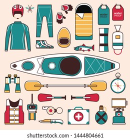 Rafting and kayaking line elements collection. Boating equipment. Life vest jacket, wetsuit, paddle, waterproof bag, rafting helmet icons. Kayak boat trip elements in flat design.