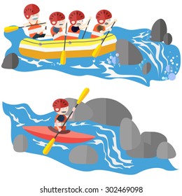 Rafting and kayaking sport flat style vector illustration