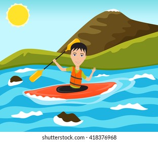 Rafting and kayaking sport. Funny man waves his hand. Vector illustration.
