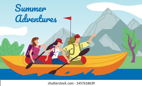 Rafting, Kayaking Sport, Young People in Kayak Row Down River at Wild Nature Rocky Shore in Sunny Day. Summer Adventure, Tourists Company Extreme Vacation. Cartoon Flat Vector Illustration, Banner