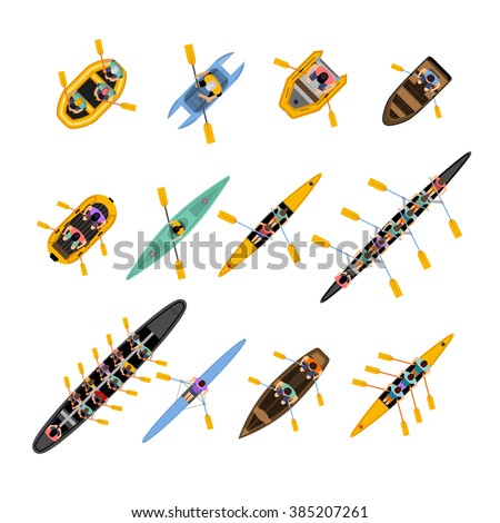 Rafting kayaking top view set with boats of different forms and colors with people inside isolated vector illustration
