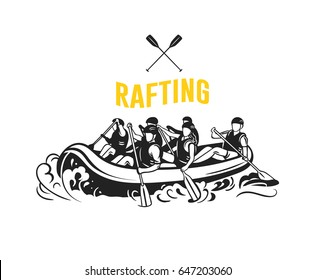 Rafting logo with rafting boat and people with oars. Vector logotype. Black and white sport  icon.