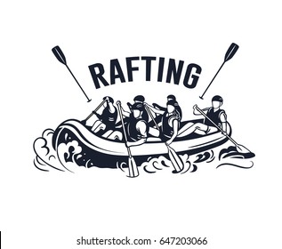 Rafting logo with rafting boat and people with oars. Vector logotype. Black and white sport  icon.