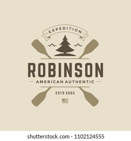 Rafting logo design template vector illustration. Pine tree and paddles silhouettes retro typography badge emblem.