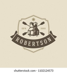 Rafting logo design template vector illustration. Life vest and paddles silhouettes retro typography badge emblem.