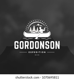 Rafting logo emblem vector illustration. Outdoor adventure expedition, boat and man silhouettes shirt, print stamp. Vintage typography badge design.