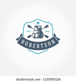 Rafting logo emblem vector illustration. Outdoor adventure expedition, life vest and paddles silhouettes shirt, print stamp. Vintage typography badge design.