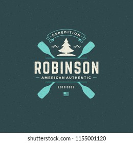 Rafting logo emblem vector illustration. Outdoor adventure expedition, pine tree and paddles silhouettes shirt, print stamp. Vintage typography badge design.