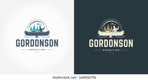 Rafting logo emblem vector illustration outdoor adventure expedition boat and man silhouettes for shirt or print stamp. Vintage typography badge design.