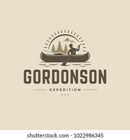 Rafting logo emblem vector illustration.Outdoor adventure expedition, boat and man silhouettes shirt, print stamp. Vintage typography badge design.