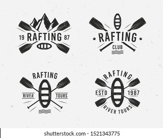 Rafting logo set with raft, crossed paddles and mountains silhouettes. Vintage typography. Vector illustration