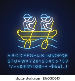 Rafting neon light icon. Watersport, extreme kind of sport. Recreational outdoor activity and hobby. Adventurous leisure on rough water. Glowing sign with alphabet. Vector isolated illustration