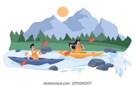 Rafting on kayaks. Man and woman resting in nature, floating down river against backdrop of forests and mountains, rocks. Active lifestyle and extreme sport. Cartoon flat vector illustration