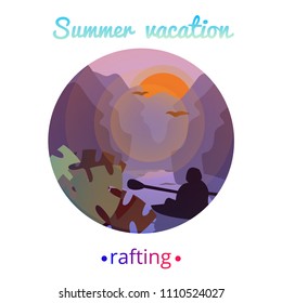 Rafting on mountain lake, in summer, during sunset. Modern flat cartoons vector illustration icons.Isolated on white. Sunset in mountains.Vacation. Rafting. Kayaking.Silhouette of man sailing in boat