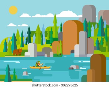 Rafting on river flat style. Outdoor adventure summer, raft extreme, tourism travel activity, forest and rock, boating transport canoe. Vector illustration