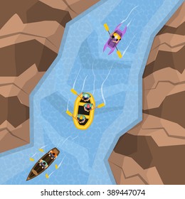 Rafting on river top view with three different boats following each other vector illustration