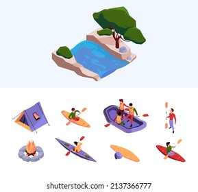 Rafting on river. Traditional sport touristic team on kayak travelling boats canoeing vessel adventure garish vector illustrations set