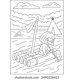 rafting outdoor camping coloring book page for kids or grown adults coloring book mindful relaxation activity